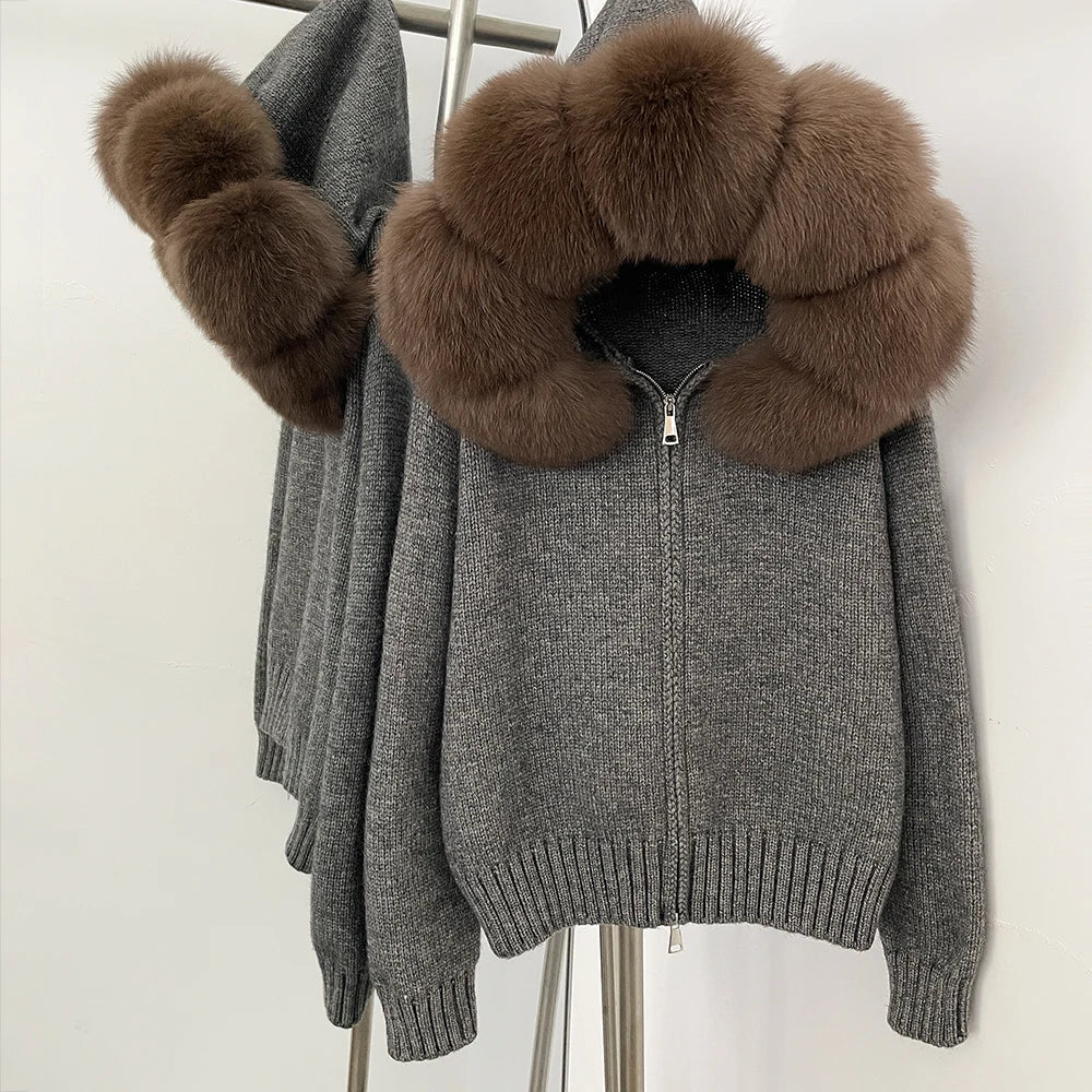 OFTBUY Real Mongolian Fur Knitwear Coat Women Cardigan Natural Fox Fur Coat Female Spring Autumn Hooded Knitted Fur Jacket