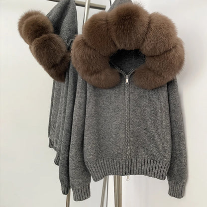 OFTBUY Real Mongolian Fur Knitwear Coat Women Cardigan Natural Fox Fur Coat Female Spring Autumn Hooded Knitted Fur Jacket