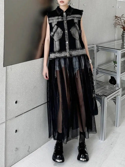 EAM Women Blue Denim Burr Mesh Color-block Big Size Blouse New Lapel Sleeveless Shirt Fashion Tide Spring Autumn 2026 1DJ2069