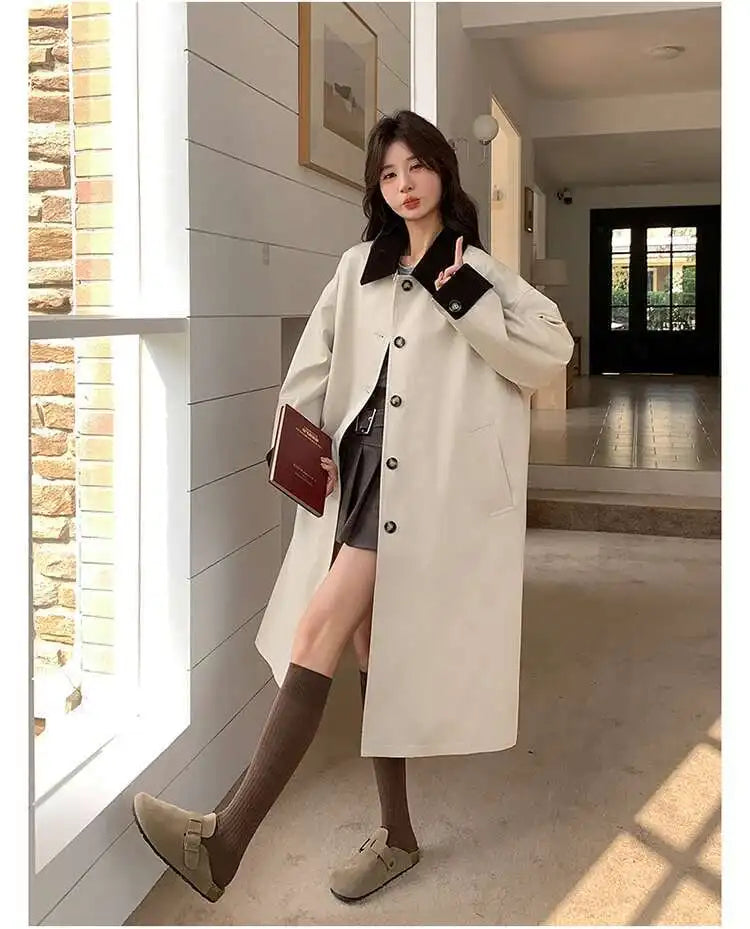 LANMREM Women Trench Coat Korean Style New Lapel Long Sleeve Loose Single Breasted Windbreaker Fashion Tide Spring 2025 2DE118