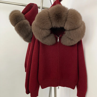 OFTBUY Real Mongolian Fur Knitwear Coat Women Cardigan Natural Fox Fur Coat Female Spring Autumn Hooded Knitted Fur Jacket