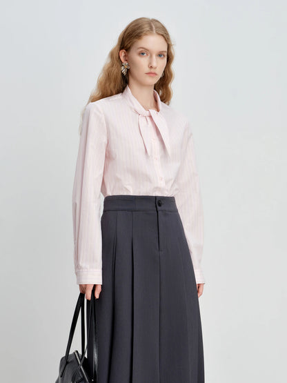 ZIQIAO Women's Pink Striped Cotton Shirt with Bunny Ear Tie Spring 2026 New Korean Style Long-Sleeved Top Age-reducing