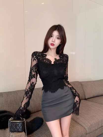Bla Lace Floral Hollow out V-Ne Long Sve Women's Base irt Slim Fit Spring Autumn High Quali Sexy Top Korean Sle