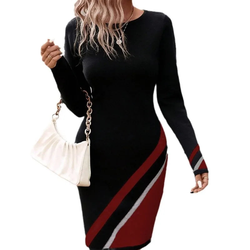 Commute Dress Women Spring Autumn New Long Sleeve Striped Print O-neck Slim Fashion Elegant Casual Commute Female A-line Dress