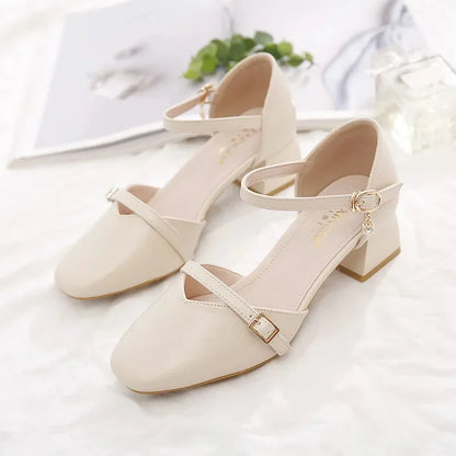 women classic high quality spring & summer buckle strap hollow out square heel shoes lady casual apricot office heels ca87