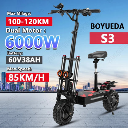 BOYUEDA S3 E-Scooter 6000W Dual Motor 60V 38AH Lithium Battery Off-road Scooters Electric 11Inch City Folding Electric Scooter