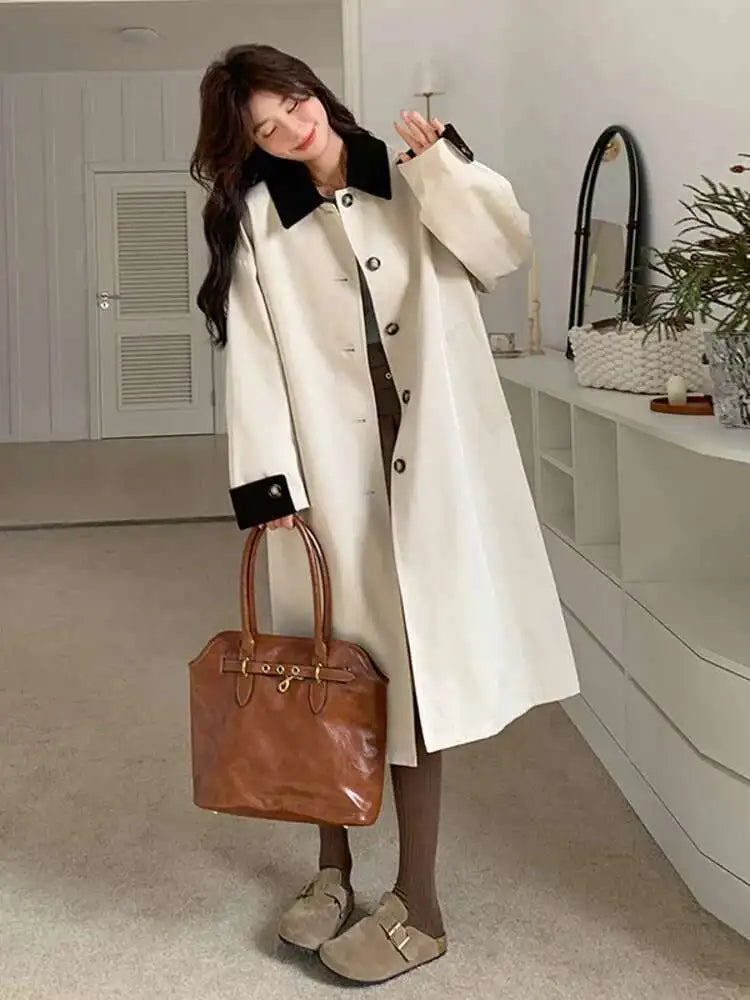LANMREM Women Trench Coat Korean Style New Lapel Long Sleeve Loose Single Breasted Windbreaker Fashion Tide Spring 2025 2DE118