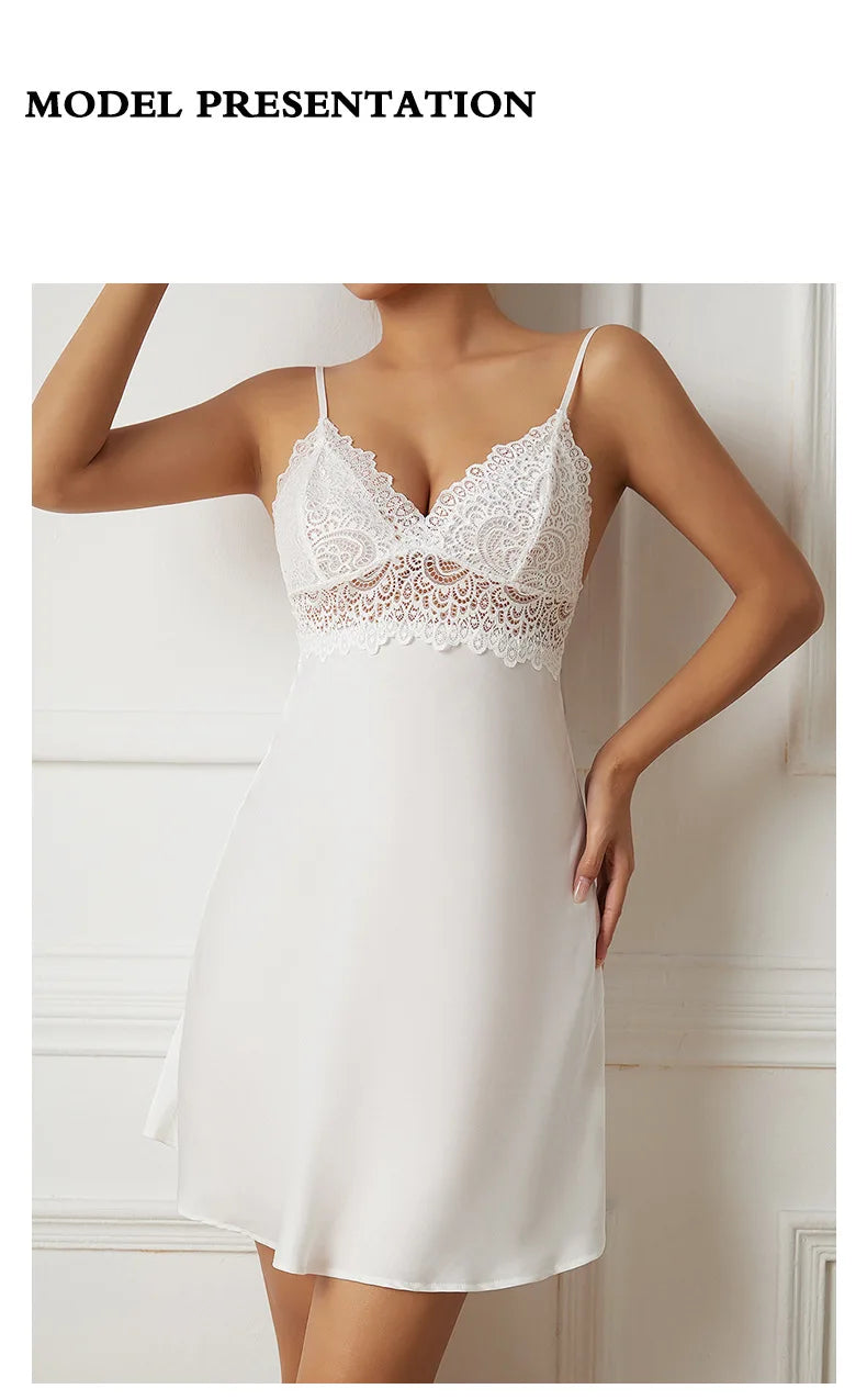 Casual Nightgown Silk Satin Sleepwear Chemise Nightdress Lady New Spring Homewear Sexy Lace Nightwear Lingerie Homedress
