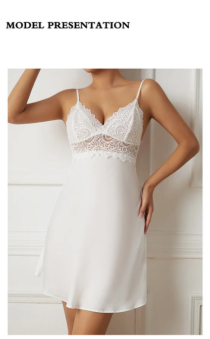 Casual Nightgown Silk Satin Sleepwear Chemise Nightdress Lady New Spring Homewear Sexy Lace Nightwear Lingerie Homedress
