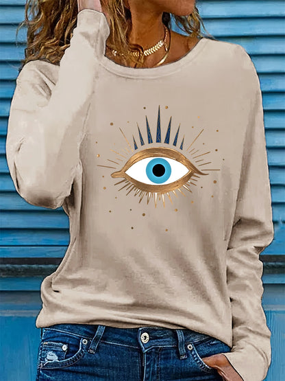 100% pure cotton women's spring and autumn loose comfortable eye pattern printed long sleeved round neck T-shirt