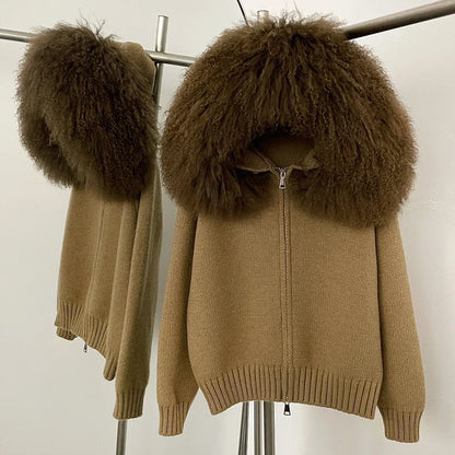 OFTBUY Real Mongolian Fur Knitwear Coat Women Cardigan Natural Fox Fur Coat Female Spring Autumn Hooded Knitted Fur Jacket