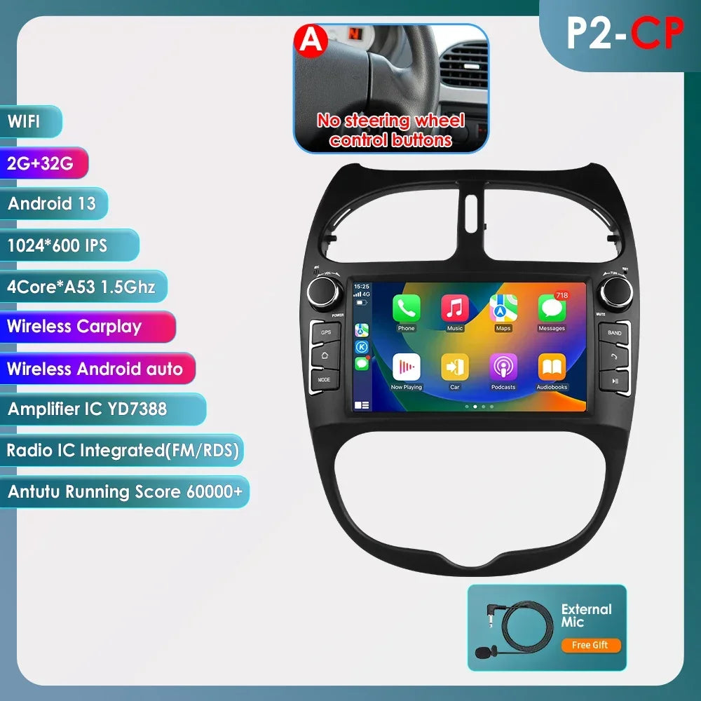7862 Android Car Radio Player for Peugeot 206 206CC 206SW 2000 -2008 Car Stereo Multimedia Audio Wireless Carplay 7inch headunit