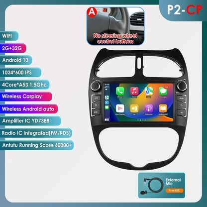 7862 Android Car Radio Player for Peugeot 206 206CC 206SW 2000 -2008 Car Stereo Multimedia Audio Wireless Carplay 7inch headunit