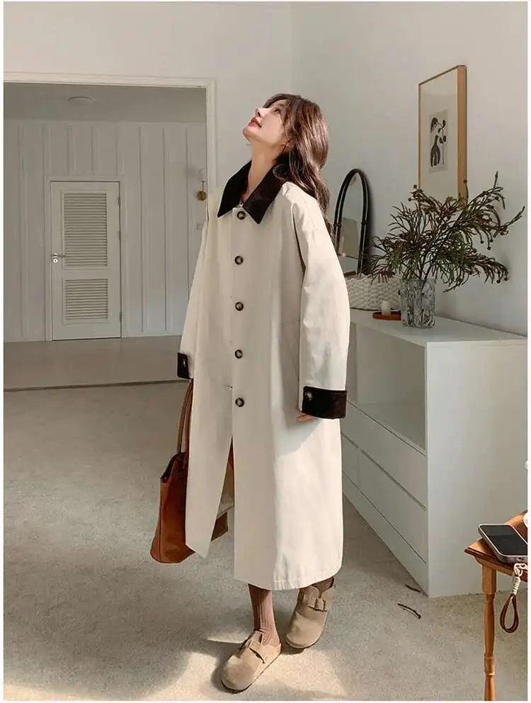 LANMREM Women Trench Coat Korean Style New Lapel Long Sleeve Loose Single Breasted Windbreaker Fashion Tide Spring 2025 2DE118